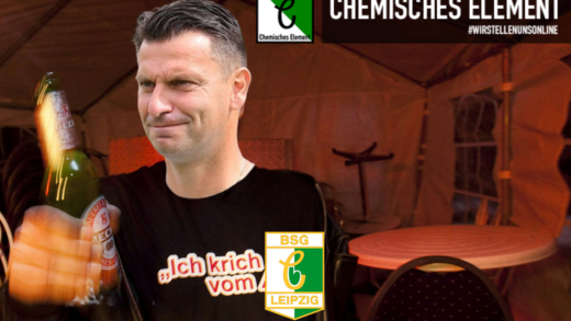 Fotomontage mit Miroslav Jagatic, der ein Shirt mit der Aufschrift "Ich krich von der BSG Chemie" trägt, dabei ein Bier in der Hand hält.