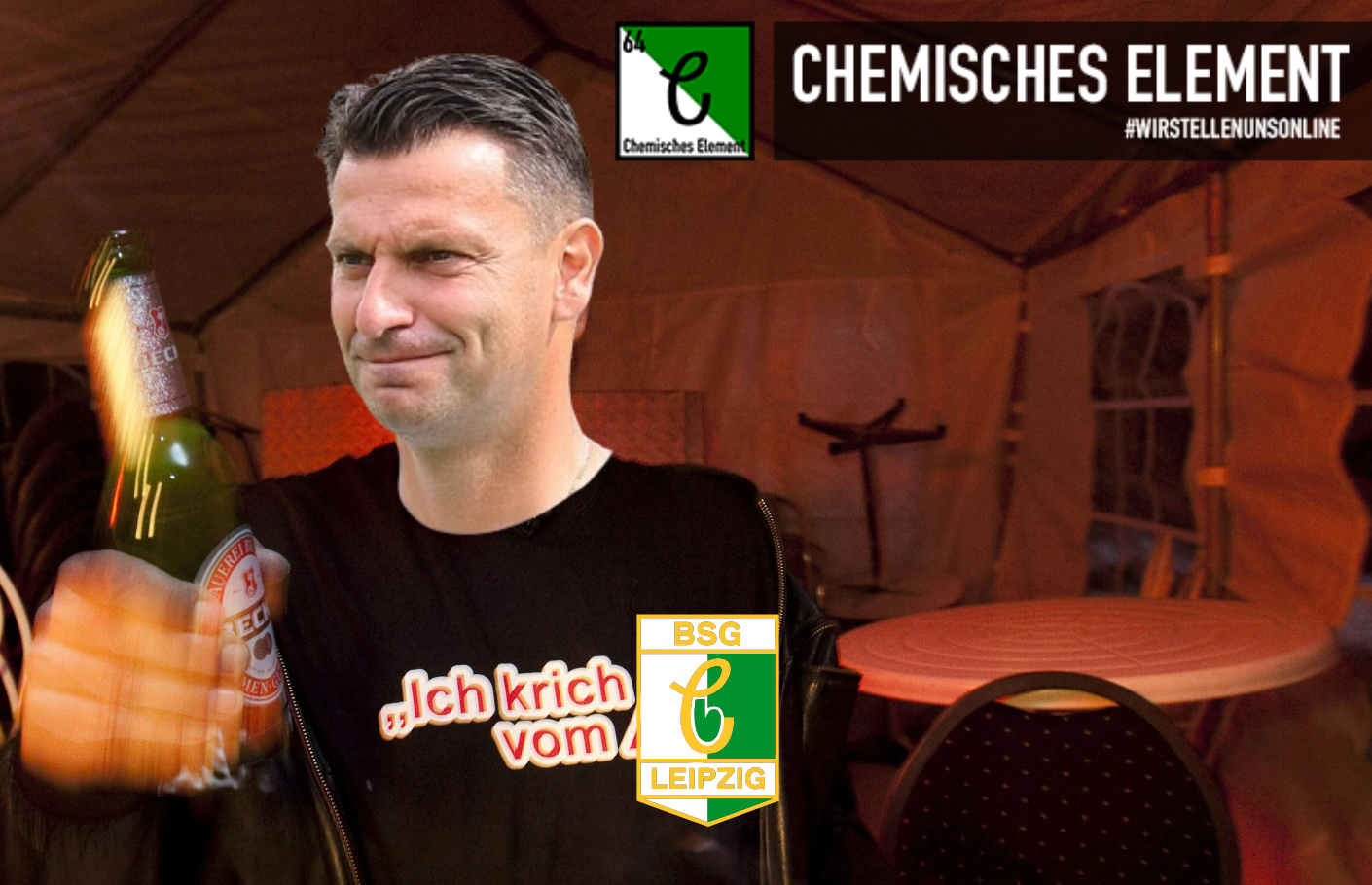 Fotomontage mit Miroslav Jagatic, der ein Shirt mit der Aufschrift "Ich krich von der BSG Chemie" trägt, dabei ein Bier in der Hand hält.